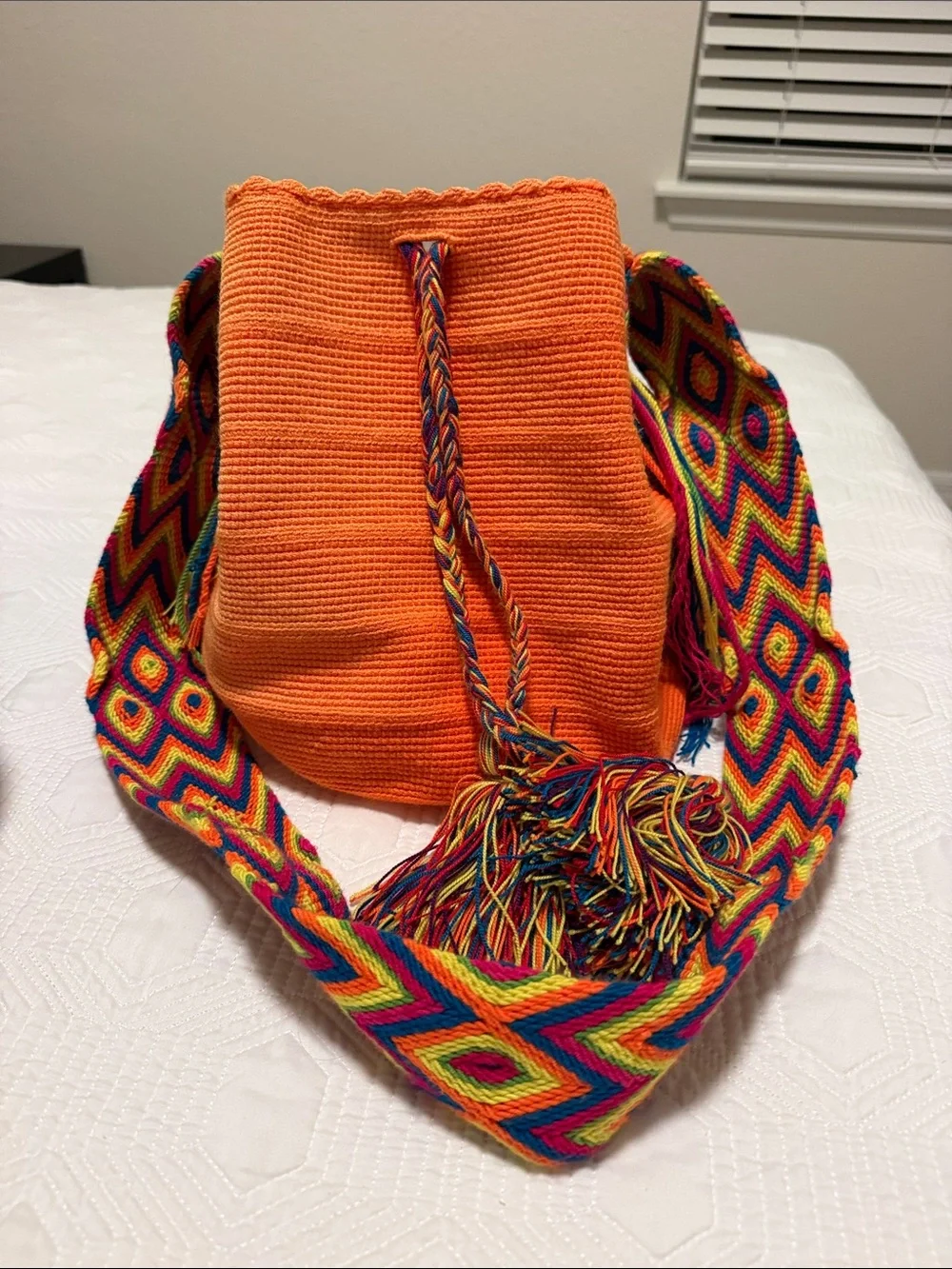 Handmade Wayuu Mochila  Orange Bucket Bag with Multicolor Strap